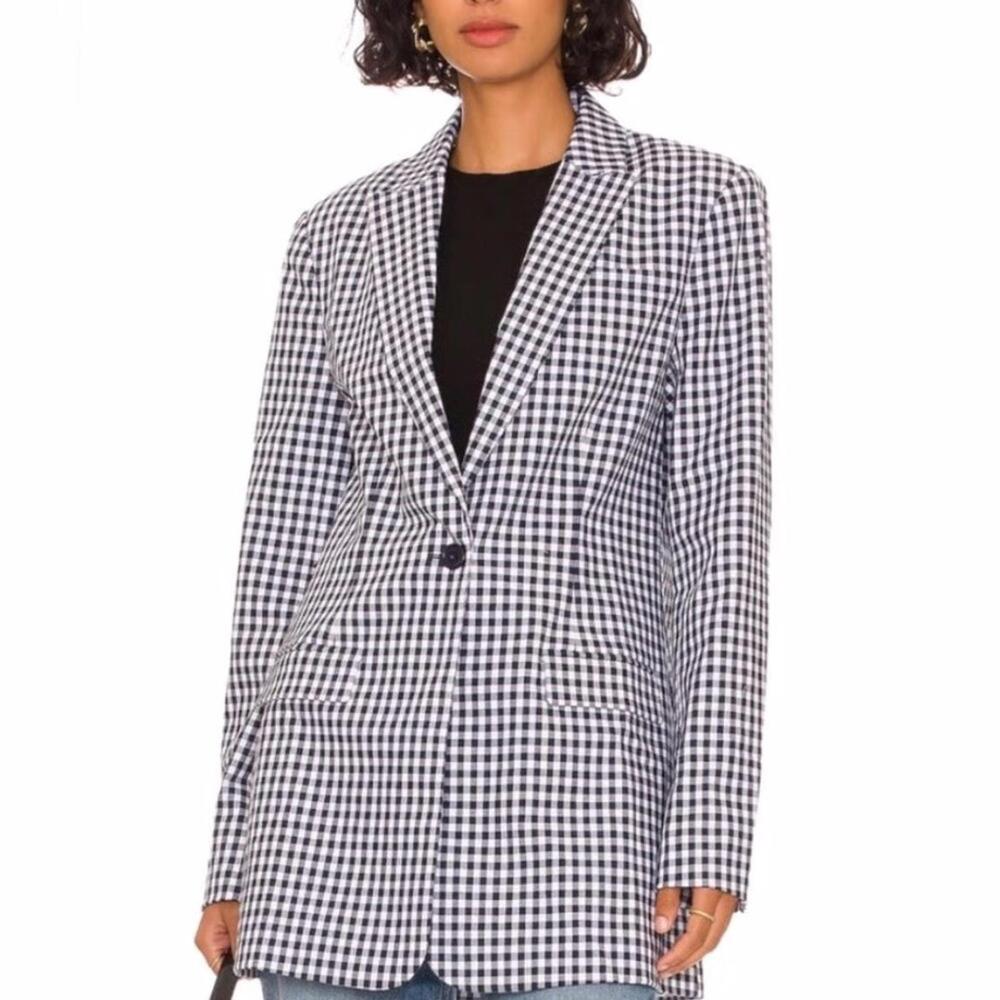 FAVORITE DAUGHTER Women’s Navy Blue & White Gingham Pattern Blazer Jacket Size S